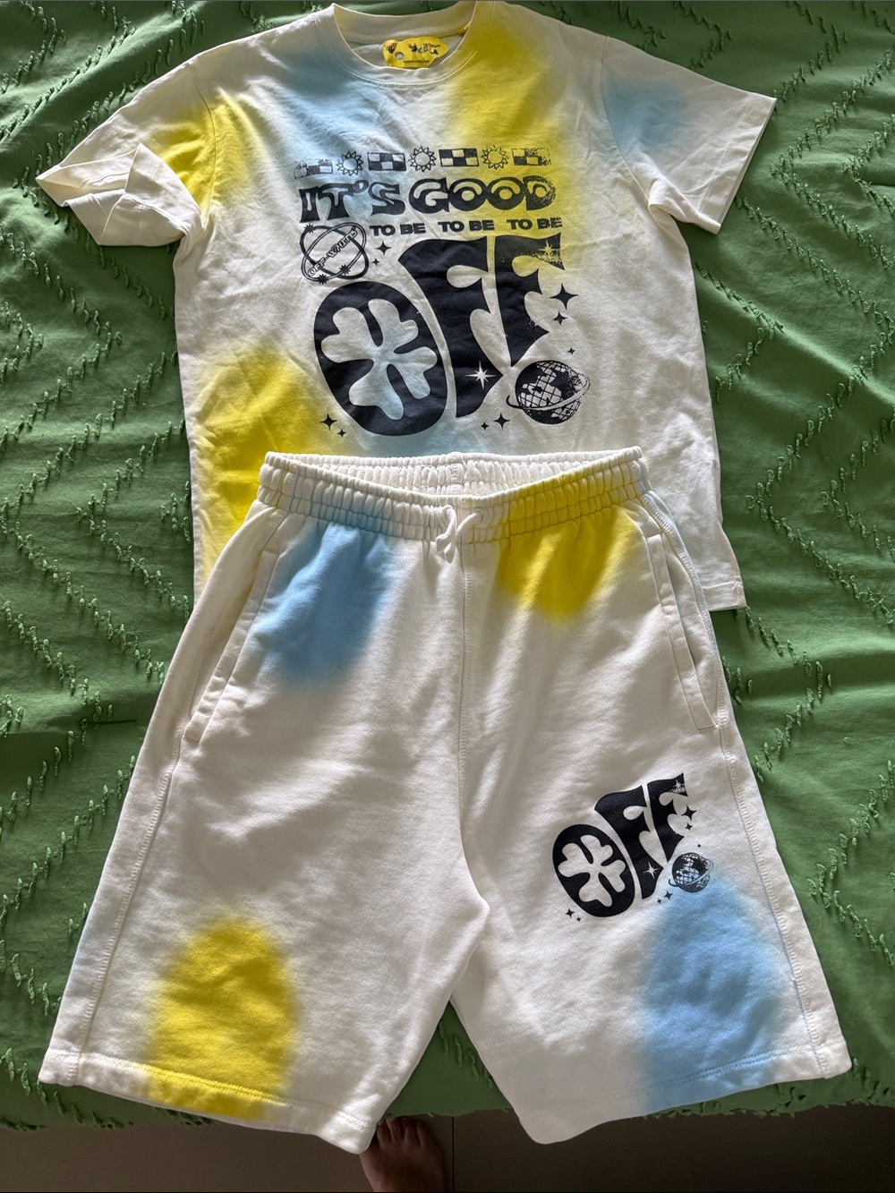 Off-White White Tie-Dye Kids Tshirt and Shorts set with Blue & Yellow Accents